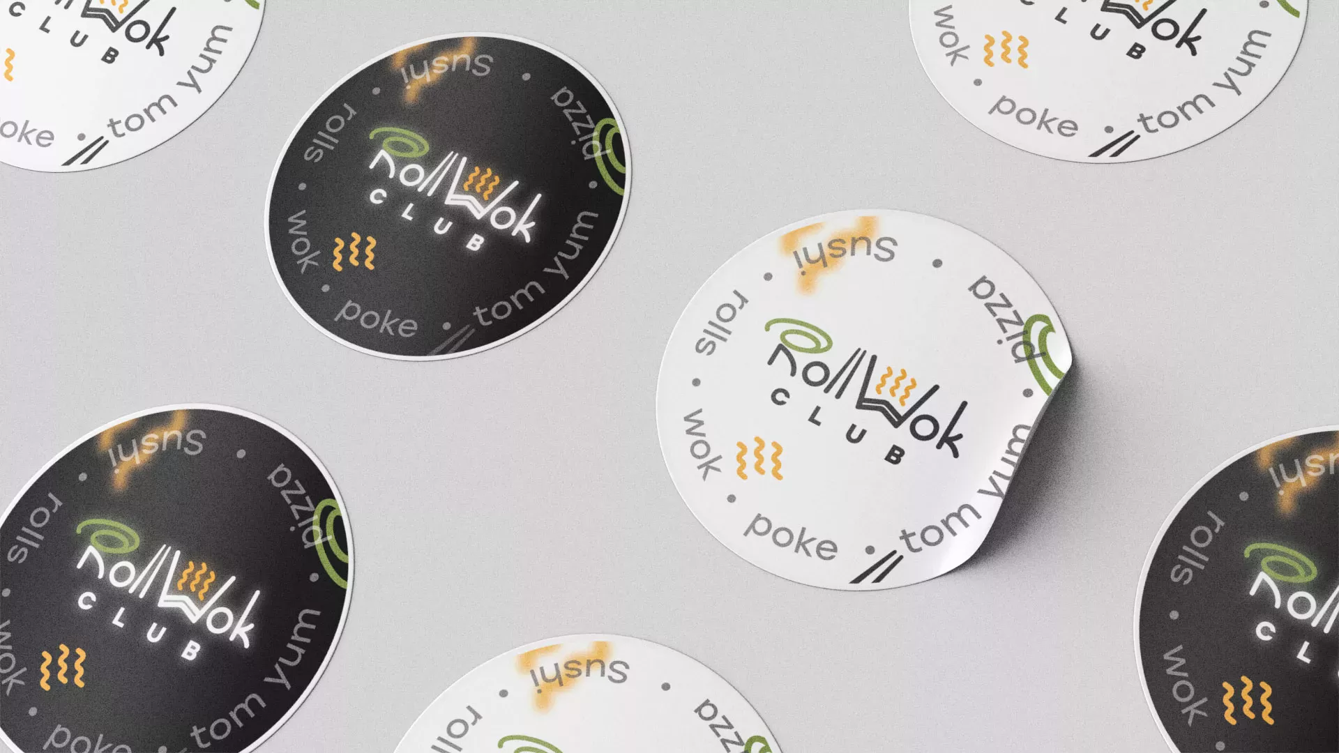 Разработка наклеек для суши-бара «Roll Wok Club» в Белорецке