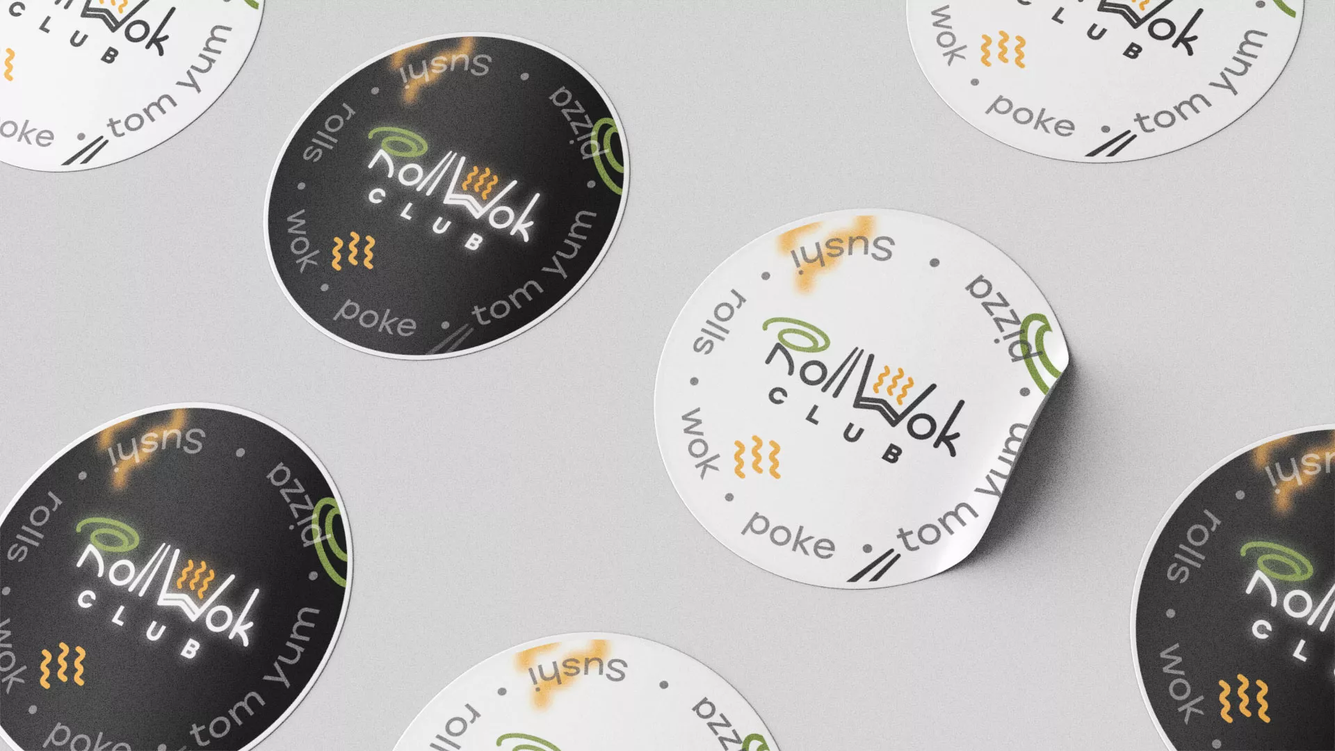 Разработка дизайна наклеек для суши-бара «Roll Wok Club» в Белорецке